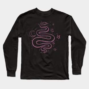 Mystical Serpant Moon and Stars Pink Digital Illustration Long Sleeve T-Shirt